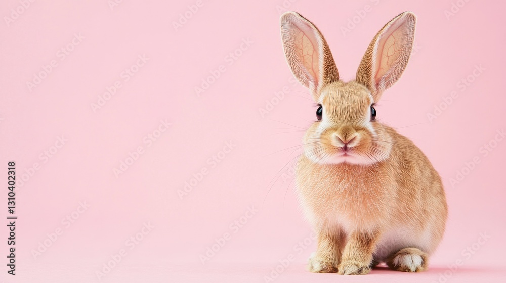 Obraz premium Photo of a little bunny, on a soft pink background Easter theme