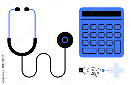 Stethoscope beside a large calculator, representing medical and financial management. Hand points toward a cross, symbolizing health selection. Ideal for healthcare, budgeting, financial analysis