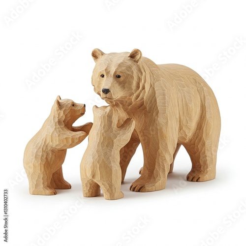 wooden carved bear family figurines on white background