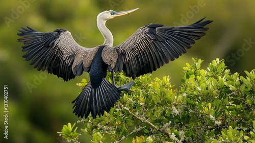 Anhinga landing, wings spread, green foliage