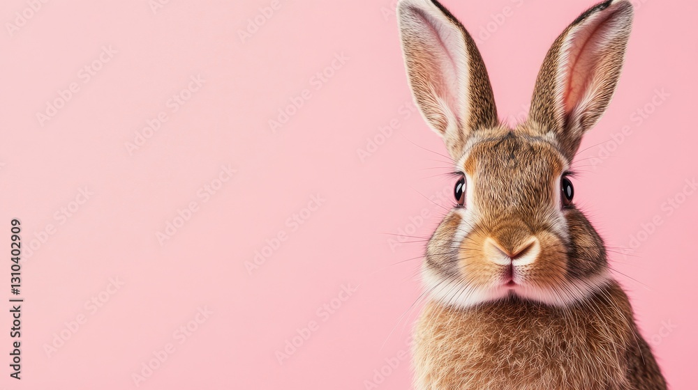Obraz premium Photo of a little bunny, on a soft pink background Easter theme