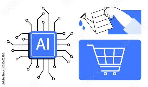 AI circuitry microchip, hand watering, and shopping cart symbols highlighting synergy of AI in e-commerce, innovation, automation, digital growth, customer engagement, predictive analytics, flat
