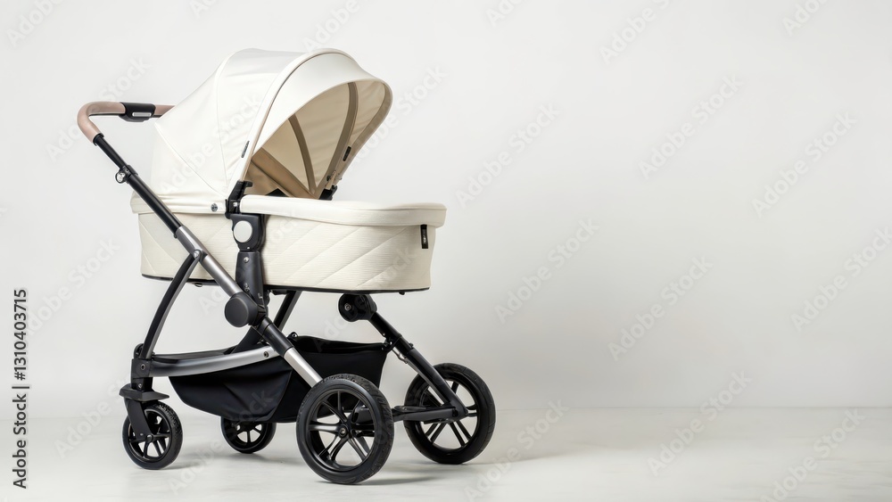 Cream-Colored Baby Stroller on White Background Cream-Colored Baby Stroller on White Background