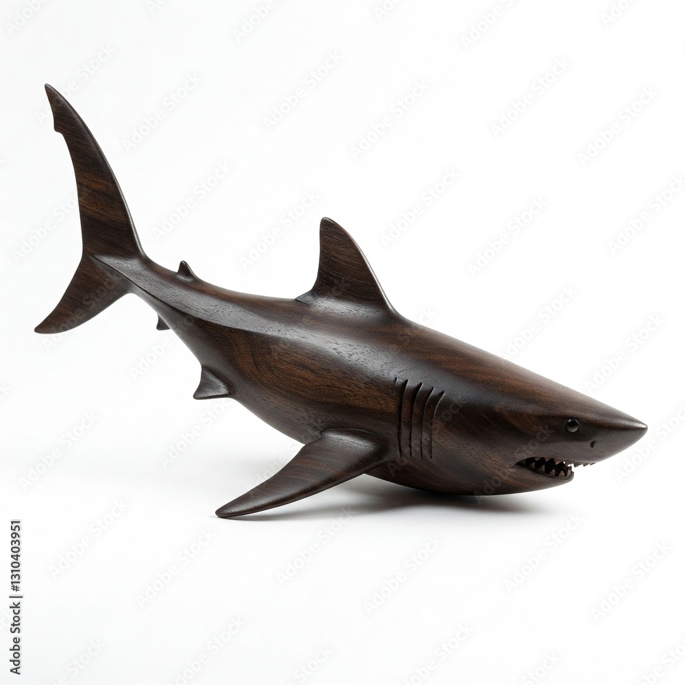 Fototapeta premium wooden great white shark sculpture isolated on white background