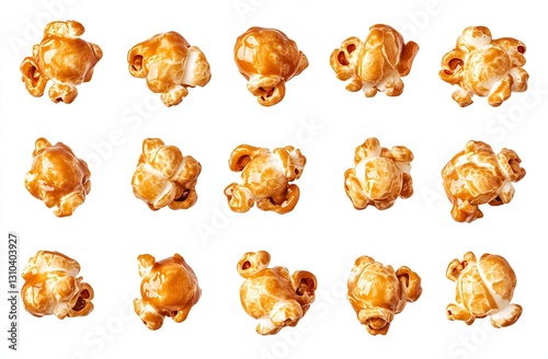 Delicious Caramel Popcorn Popped Treats Arranged in a Grid on White Background : Generative AI