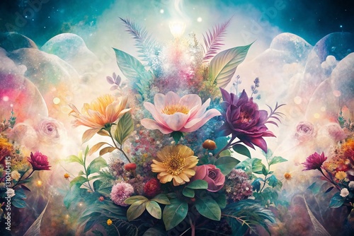 Double Exposure Floral Biophilic Art: Botanical Illustration Texture