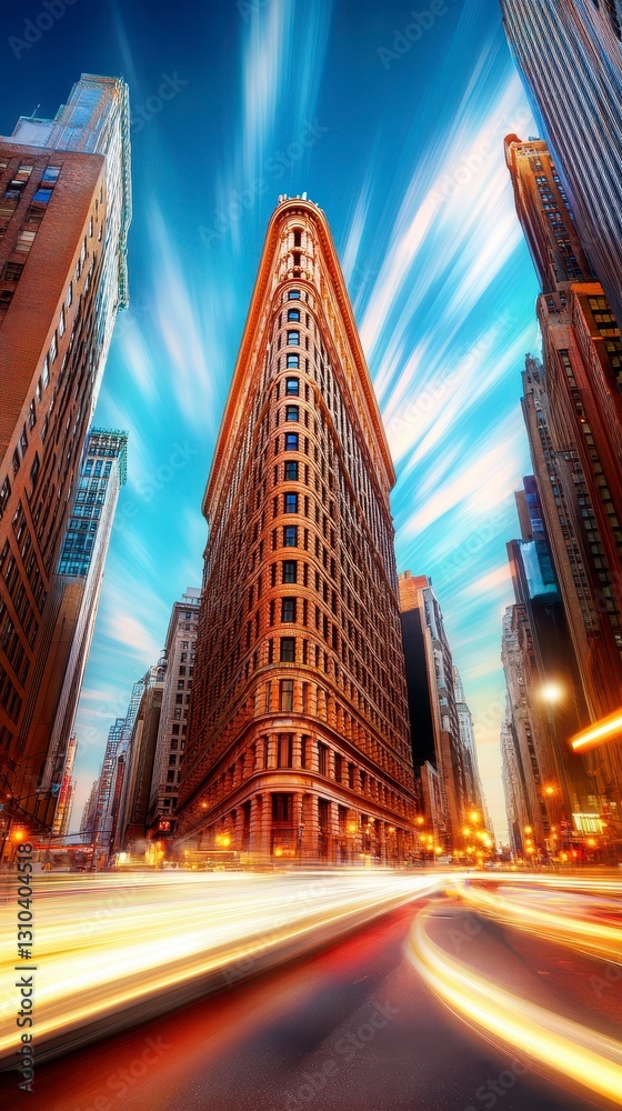 Fototapeta premium Brown Skyscraper at Dusk with City Lights and Light Trails
