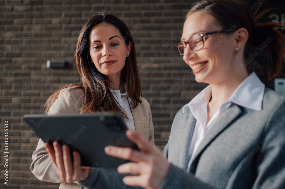 Two businesswomen smiling and using a tablet in front of a brick wall Two businesswomen smiling and using a tablet in front of a brick wall