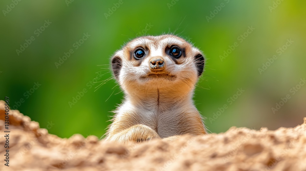 Curious meerkat peaks out from its burrow in the African savanna Curious meerkat peaks out from its burrow in the African savanna