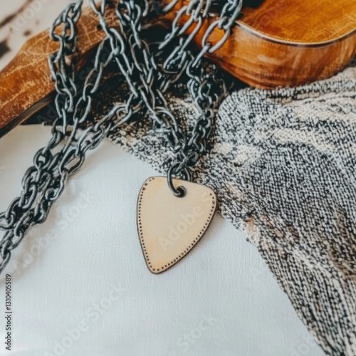 Wooden guitar pick necklace on gray chain