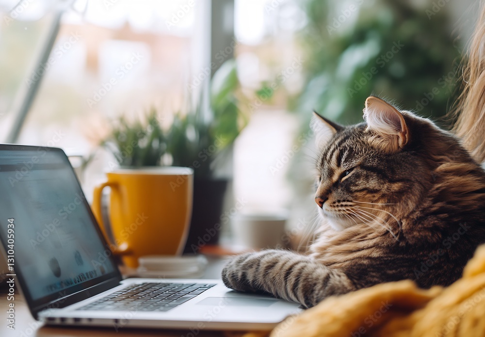 Closeup of a relaxed cat resting on a laptop with a cup of coffee in a cozy setting : Generative AI Closeup of a relaxed cat resting on a laptop with a cup of coffee in a cozy setting : Generative AI