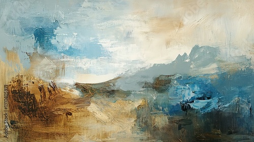 Abstract landscape painting depicting mountains and a cloudy sky