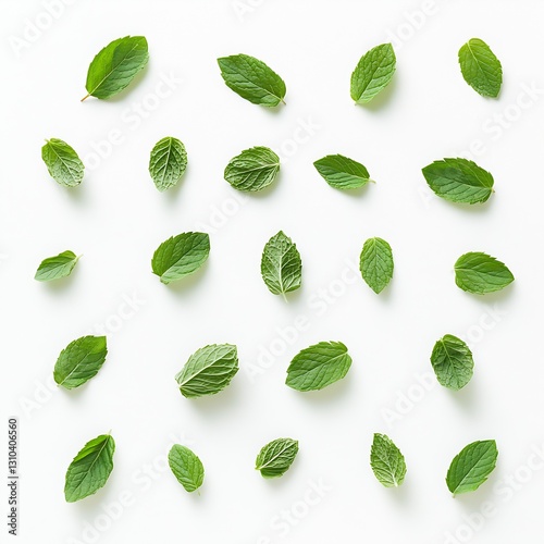 Fresh mint leaves neatly arranged on a clean white background ideal for health and wellness themes : Generative AI photo