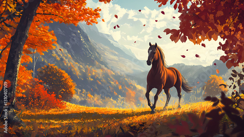 A realistic portrait of a horse gracefully moving in an autumn landscape, highlighted by colorful foliage and a scenic mountain view that evokes a sense of calm. Arcadian - Countryside. Illustration