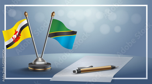 Brunei and Tanzania National flags on small table with bokeh background, cooperative relationship. Template vector Illustration