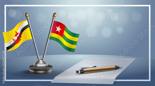 Brunei and Togo National flags on small table with bokeh background, cooperative relationship. Template vector Illustration