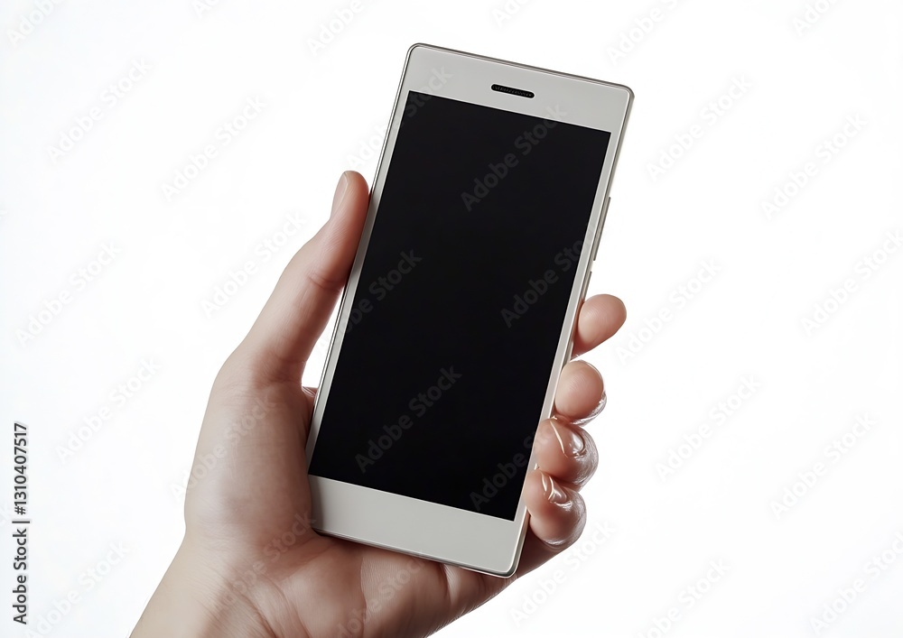 A hand displaying a blank smartphone ready for use against a white backdrop : Generative AI A hand displaying a blank smartphone ready for use against a white backdrop : Generative AI