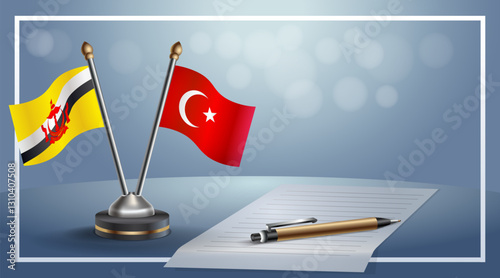 Brunei and Turkey National flags on small table with bokeh background, cooperative relationship. Template vector Illustration