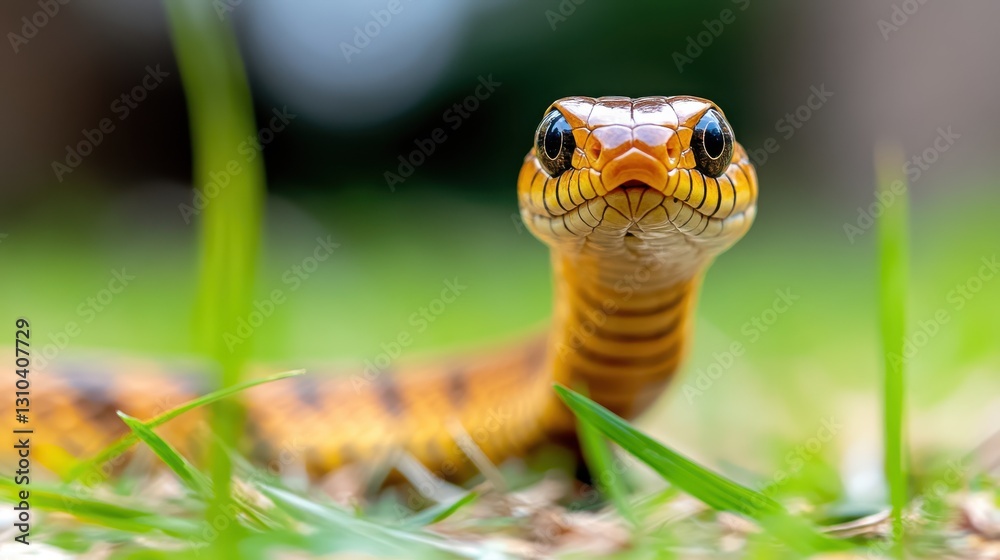 Fototapeta premium Small smooth snake coiled in grass, poised for action in nature's realm