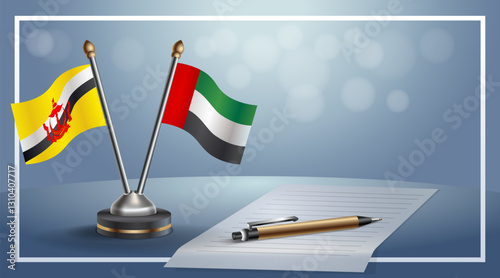 Brunei and United Arab Emirates National flags on small table with bokeh background, cooperative relationship. Template vector Illustration