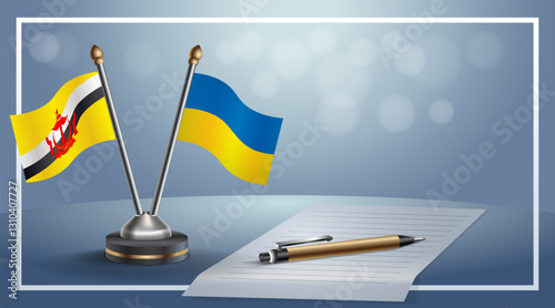 Brunei and Ukraine National flags on small table with bokeh background, cooperative relationship. Template vector Illustration