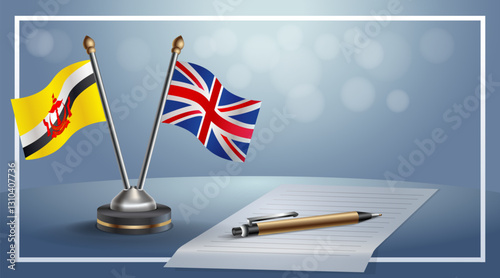 Brunei and United Kingdom National flags on small table with bokeh background, cooperative relationship. Template vector Illustration