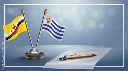 Brunei and Uruguay National flags on small table with bokeh background, cooperative relationship. Template vector Illustration
