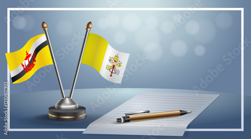 Brunei and Vatican City National flags on small table with bokeh background, cooperative relationship. Template vector Illustration