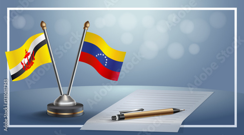 Brunei and Venezuela National flags on small table with bokeh background, cooperative relationship. Template vector Illustration