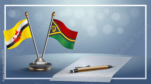 Brunei and Vanuatu National flags on small table with bokeh background, cooperative relationship. Template vector Illustration
