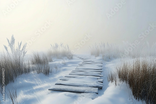 Pathway leading through foggy wilderness in winter photo
