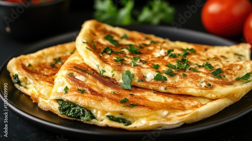 Healthy breakfast: spinach, parsley, feta omelette with toasted sourdough