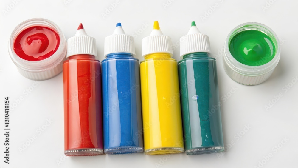 Four Bottles of Paint and Two Paint Pots on White Background Four Bottles of Paint and Two Paint Pots on White Background