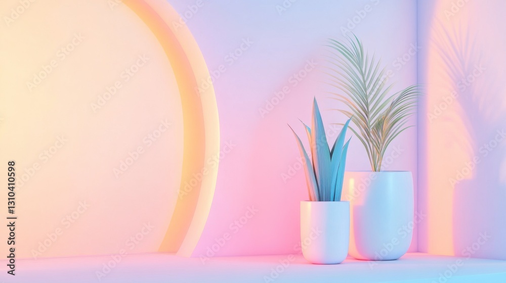 Pastel Pink & Orange Minimalist Room Scene with Plants in Pots Pastel Pink & Orange Minimalist Room Scene with Plants in Pots