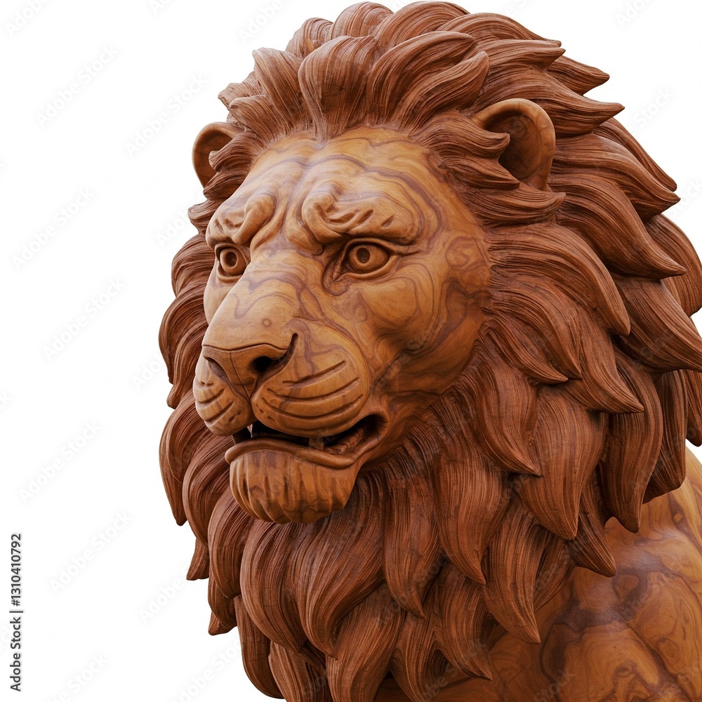 Obraz premium closeup of wooden lion sculpture on a white background