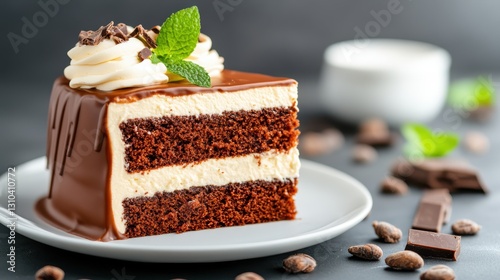 Delightful chocolate cake adorned with mascarpone on rustic setting