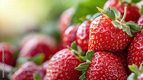 Juicy strawberries glisten under sunlight, showcasing their vibrant hue