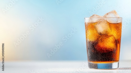 Refreshing cola drink with ice cubes in a bright setting