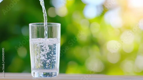 Pouring fresh water into a clear glass with a vibrant green backdrop