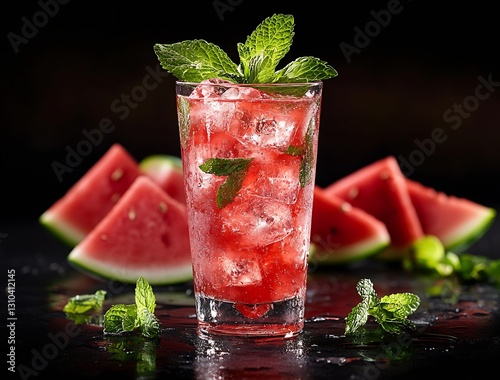 Refreshing Watermelon Cocktail with Ice and Mint Leaves Liaising with Summer Vibes and Festivities : Generative AI photo