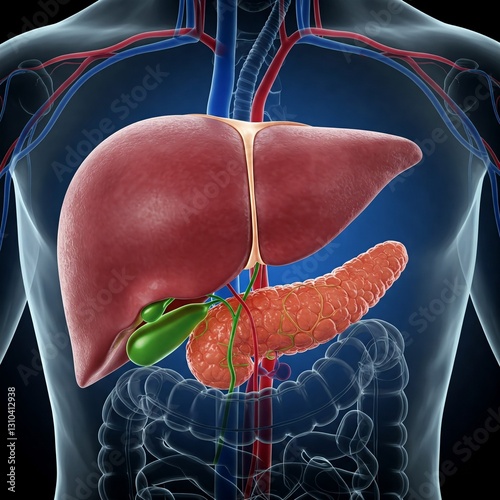 3d illustration of human liver pancreas and gallbladder anatomy in blue background