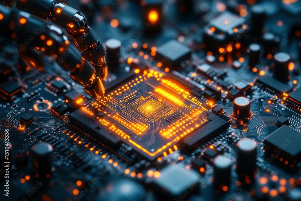 Obraz premium Futuristic Robot Arm Interacting with Digital Circuit Board and Microchip Components
