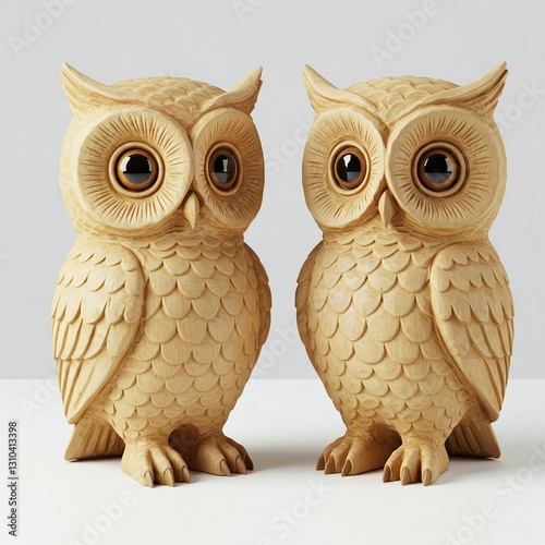 wooden carved owl figurines on white background