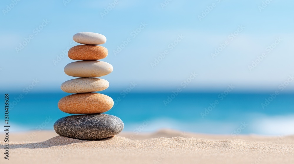 Serene stone pyramid stack symbolizes tranquility by the ocean waves Serene stone pyramid stack symbolizes tranquility by the ocean waves