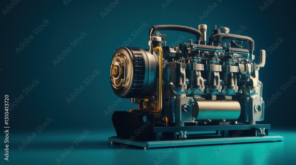 Fototapeta premium A heavy-duty diesel generator with metallic accents positioned on a deep blue surface.