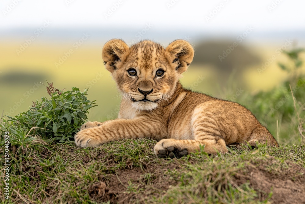 A Playful Lion Cub Relaxing in the African Savanna, Showcasing Its Soft Fur and Curious Expression Against a Scenic Wilderness Background A Playful Lion Cub Relaxing in the African Savanna, Showcasing Its Soft Fur and Curious Expression Against a Scenic Wilderness Background