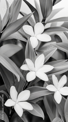 Delicate Monochrome Flowers and Lush Foliage Close up