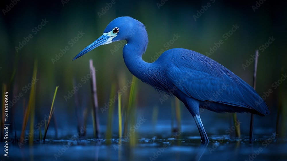 Naklejka premium Blue Heron in Dusk Marsh Habitat