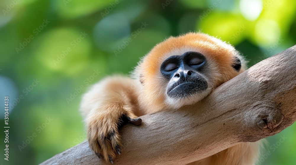 Silvery gibbon resting peacefully on tree branches in Java, Indonesia Silvery gibbon resting peacefully on tree branches in Java, Indonesia