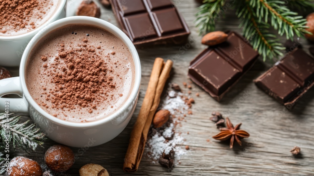 Decadent hot chocolate with cinnamon and cocoa on rustic wooden table Decadent hot chocolate with cinnamon and cocoa on rustic wooden table